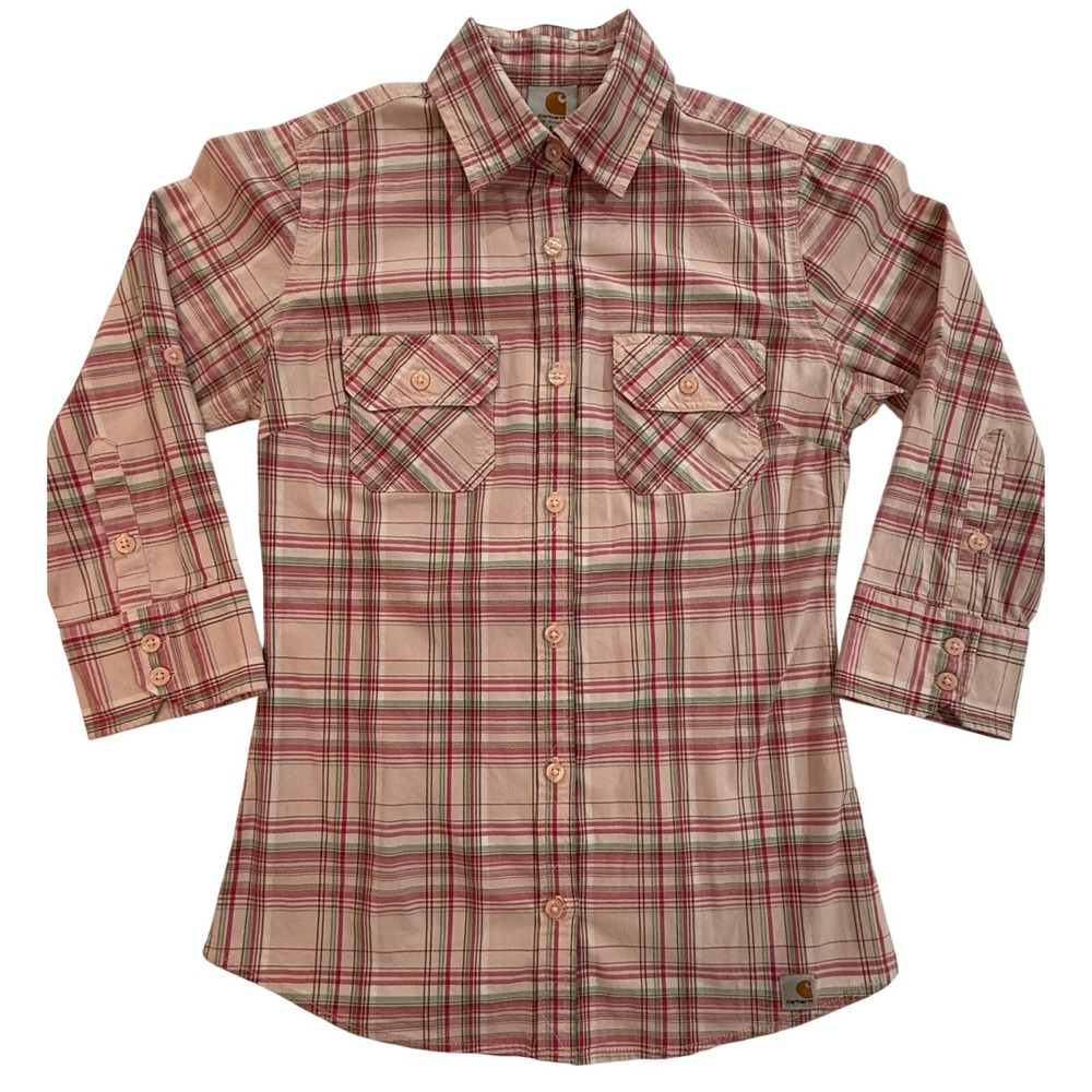 Carhartt Women's Roll Up Sleeve Plaid Poplin Shirt Pink Green Size Small (136)